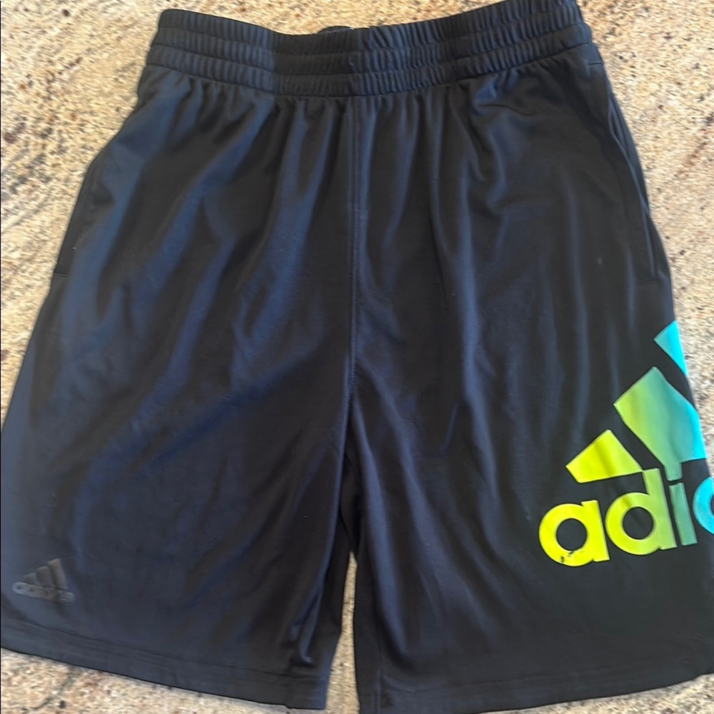Adidas Black and Green Athletic Shorts with Elastic Waistband